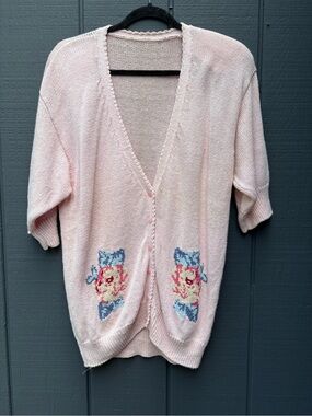 Vintage Light Pink Women's Short Sleeve Cardigan with Floral Embroidery